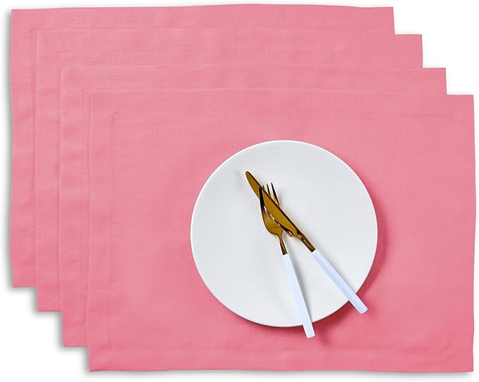 Solino Home Linen Cloth Placemats Set of 4-100% Pure Linen Pink Carnation Placemats 14 x 19 Inch for Summer - Fete