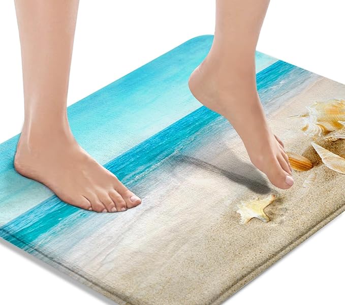Britimes Bath Mat for Bathroom, Blue Beach Starfish Sea Washable Cover Floor Rug Carpets Floor Mat Bathroom Decorations 18x30 Inches for Kitchen Bedroom Indoor
