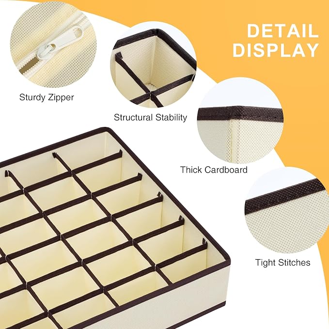 Joyoldelf Sock Organizer Drawer Organizer - Underwear Organizer, 24 Cell Collapsible Closet Organizers and Storage Sock Holders Organizers for Storing Socks, Ties, Belts 6 Pack Beige