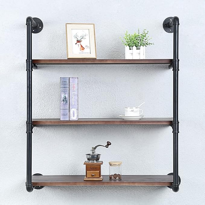 Industrial Pipe Shelving Wall Mounted,30in Rustic Metal Floating Shelves,Steampunk Real Wood Book Shelves,Wall Shelf Unit Bookshelf Hanging Wall Shelves,Farmhouse Kitchen Bar Shelving(3 Tier)