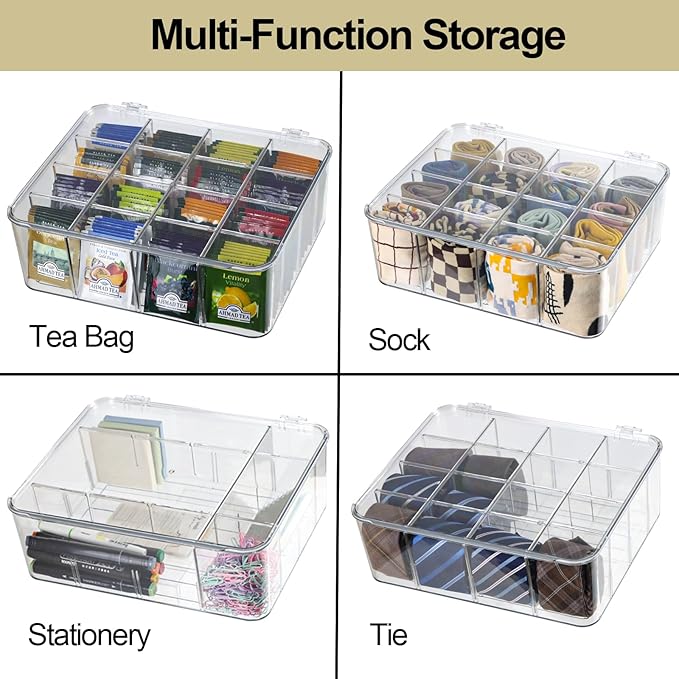 Socks Underwear Drawer Organzier Dividers, 16 Compartment Removable Divided Plastic Storage Bin with Lid, Storage Organizer for Scarves Ties Bras, Clear Dresser Drawer Organizers