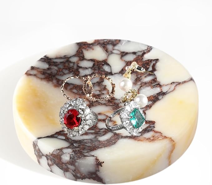 Koville Luxury Italy Calacatta Viola Marble Jewelry Dish, Small Round Trinket Dish for Ring Necklace Earring, 4" Marble Decorative Tray, Aesthetic Home Table Decor