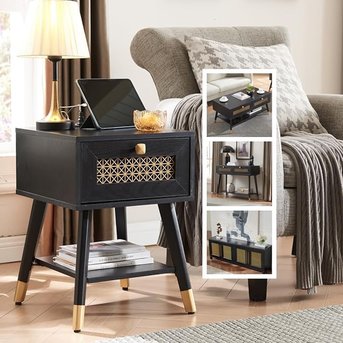 Mid Century Modern End Table with Charging Station - Small Side Table Nightstand with USB Ports & Outlets, Storage Drawer & Open Shelf, Black Wood Furniture for Living Room, Bedroom, Office