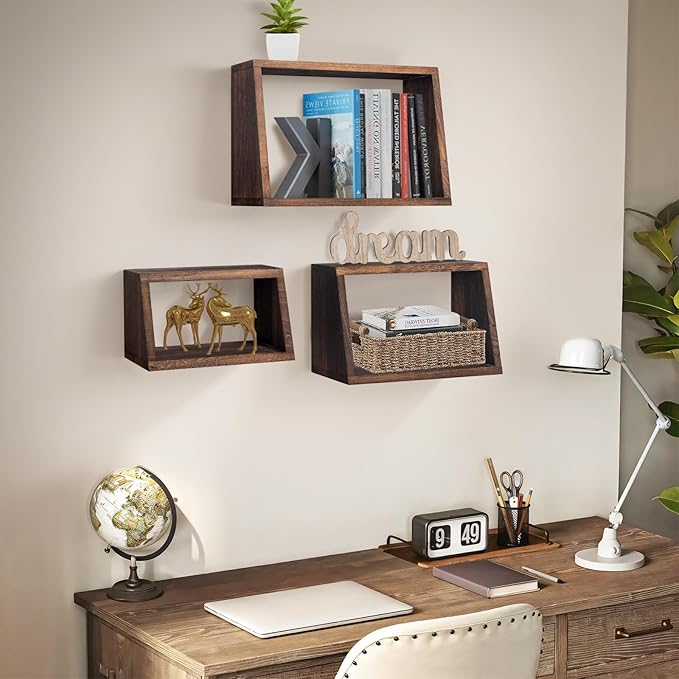 idee-home Bathroom Floating Shelves for Wall, Wood Farmhouse Decorative Wall Mounted Hanging Shelves for Kitchen Bedroom Living Room, Rustic Brown, Set of 3