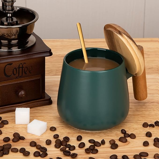 Ceramic Coffee Mug, Tea Cup for Office and Home, 14 Oz Coffee Cup with Lid and Spoon, Birthday Gifts, House Warming Presents for New Home, 1 Pack (Dark Green)