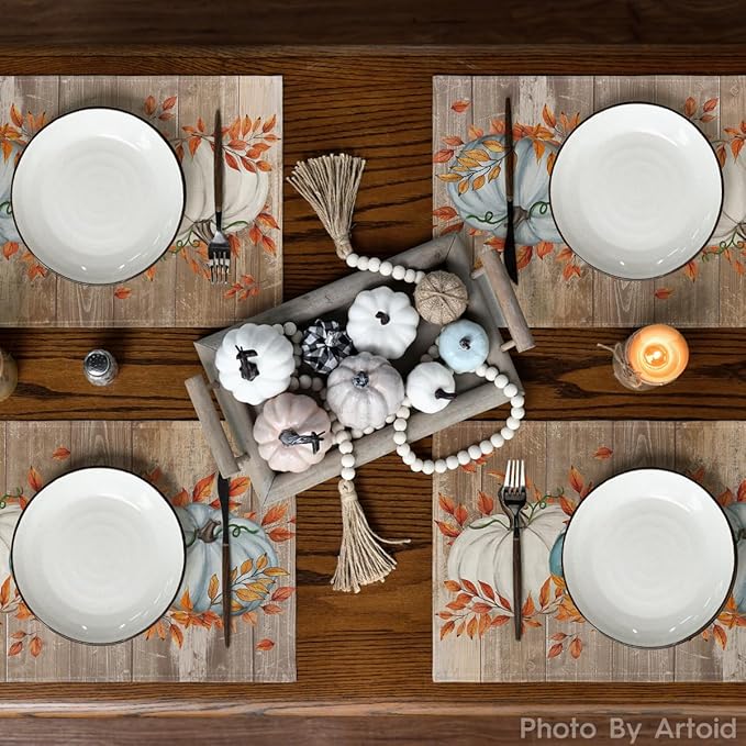 Artoid Mode Blue Pumpkin Wood Grain Fall Placemats Set of 4, 12x18 Inch Seasonal Thanksgiving Holiday Table Mats for Party Kitchen Dining Decoration