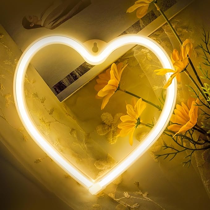 1-Pack Heart Neon Sign, Neon Heart Lights Battery Operated or USB Powered Decoration Lamp, LED Wall Decoration Light for Classroom Bedroom Girl's Room Party Birthday Home Wedding Décor (Warm White)