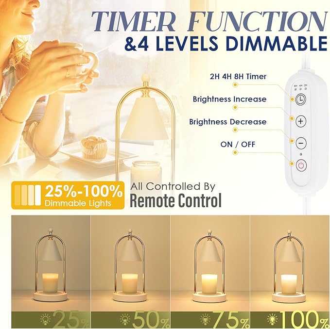 Soilsiu Candle Warmer Lamp With Timer, Electric White Light for Bedroom, Dimmable Wax Melts Warmer for Jars, Beside Lamp Gifts for Women Home Decor (2 Bulbs Included)
