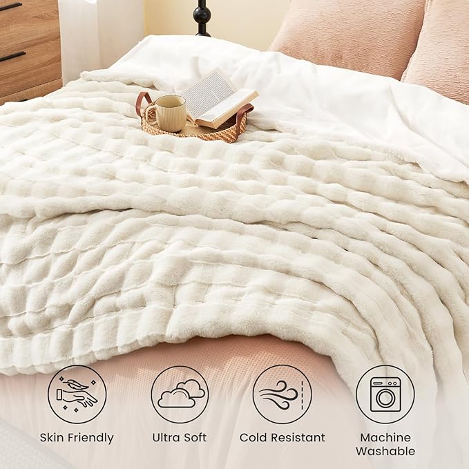 Cozy Bliss Fluffy Queen Size Throw Blankets for Bed,Lightweight Cozy Soft Cream White Faux Fur Throw Blankets for Sofa Bedroom Living Room,90x90 Inches