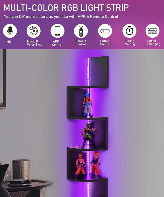 5 Tiers Corner Shelf with RGB LED Lights, 49.2" Wall Mount Floating Corner Display Shelf for Living Room Bedroom Home Office Decor, APP & Remote Control (Black)