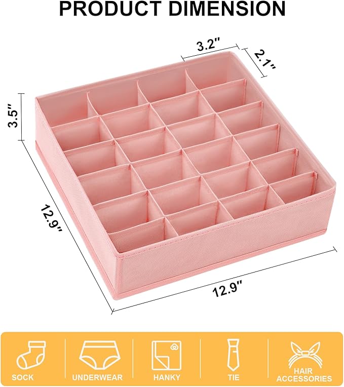 Joyoldelf 4-Pack Pink Fabric Dresser Drawer Organizers, 24-Cell Sock Drawer Divider, Non-woven Material
