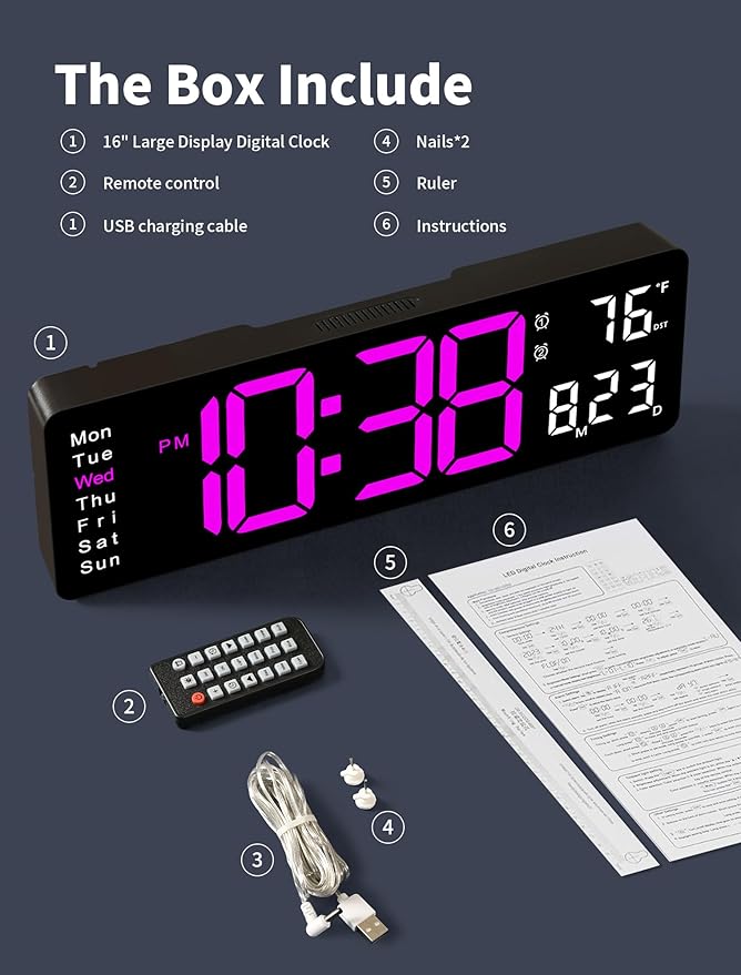 MASHI Digital Wall Clock, 16" Large Display Digital Clock with Remote Control, Auto-Dimming Wall Clock with Night Light, DST, Date Week,Temp for Living Room, Bedroom, Decor, Gift for Elderly