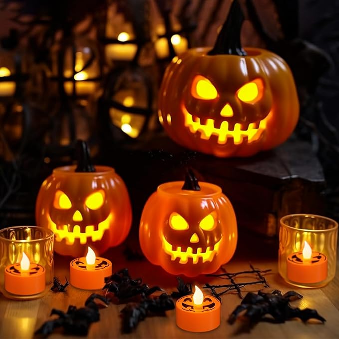 DRomance Halloween Flameless Votive Candles Battery Operated with 6H Timer, 12 Pack Spooky Face Decal LED Flickering Pumpkin Tea Lights Candles Fall Indoor Decoration(1.5" D x 1.4" H)