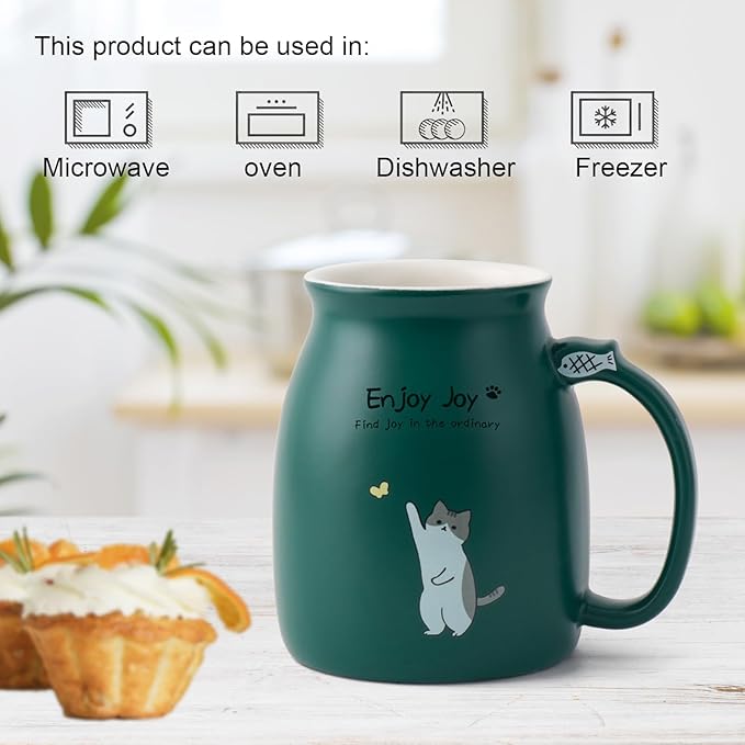 Cute Cat Cup Ceramic Coffee Mug with Kawaii Cat Wooden Lid, Lovely Stainless Steel Spoon, Anime Kitty Thicken Wooden Coaster, Christmas Birthday Cute Thing Japanese Mug 16oz (Green)