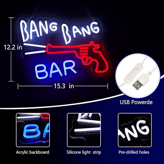 JFLLamp BANG BANG BAR Neon Signs for Wall Decor Neon Lights for Bedroom Led Business Signs Suitable for Man Cave Bar Pub Restaurant Christmas Gift Art 5V Power Adapter 12.2 * 15.4 Inch(Blue+red+white)