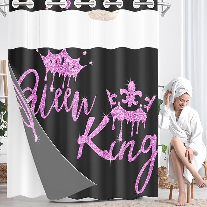King and Queen No Hook Shower Curtain with Snap in Liner, Black and Pink Glitter Bath Curtain with Double Layers Waterproof Fabric and Mesh Top Window 71x74 Inch