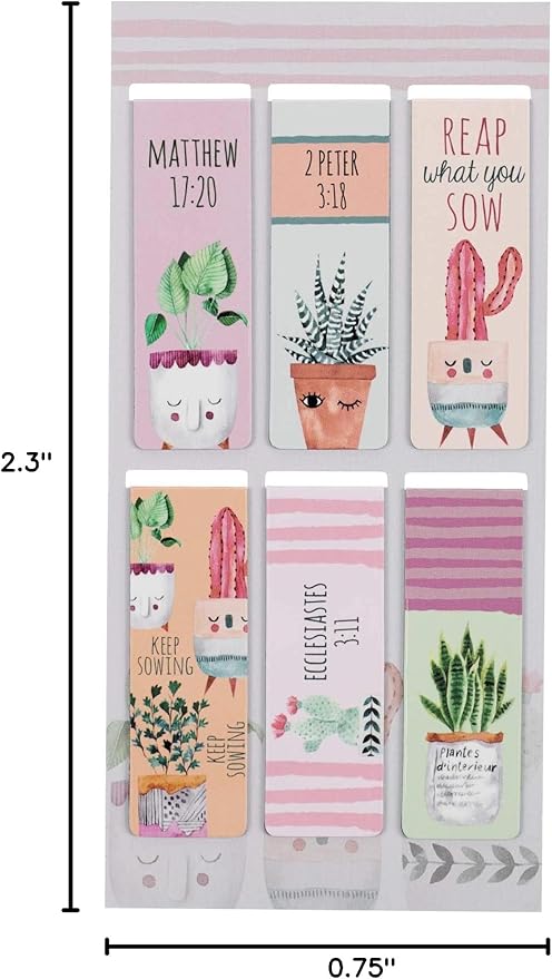 Christian Art Gifts Magnetic Scripture Bookmark Set for Women: Grow in Grace -2 Peter 3:18 Inspirational Succulent Garden Magnetic Bible Verse Pagemarker Set of 6 for Bibles and Books Size 2.3” x 0.8”