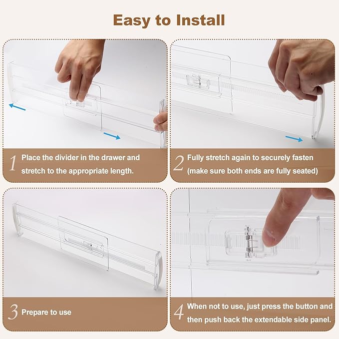 6 Pack Drawer Dividers for Clothes, 4" High 10"-17" Adjustable Drawer Dividers Expandable Dresser Drawer Organizer, Clear Drawer Separators for Clothes, Underwear, Cosmetic, Kitchen Utensils Storage