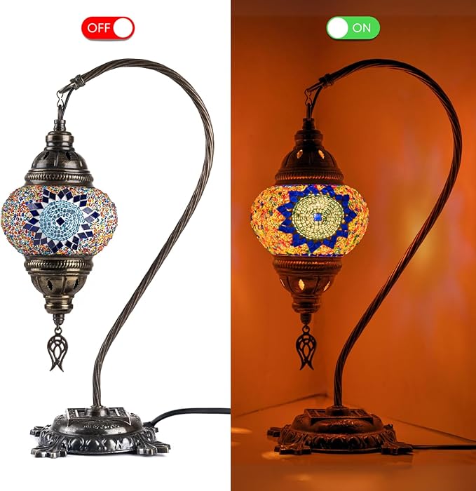 Kafthan Turkish Moroccan Mosaic Lamp – Handmade Glass Swan Neck Bedside Lamp with Antique Brass Base, Ideal Decor for Bedroom, Office, Living Room – Bulb Included (Blue & Navy Circles)