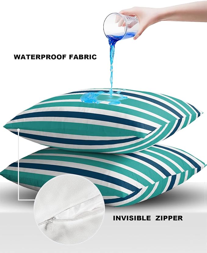 Outdoor Waterproof Throw Pillow Covers Set of 2 Navy Blue Turquoise Stripes Decorative Outdoor Pillows Cushion Case 20x20 Inch Teal Striped Patio Pillows for Couch Sofa Bed Garden Office Home Decor