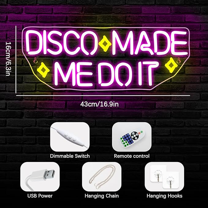 NEONLOVE Disco Made Me Do It Neon Sign - Pink Acrylic USB Disco Light Up Sign for Wall Decor, Bedroom, Bar, Party, Birthday