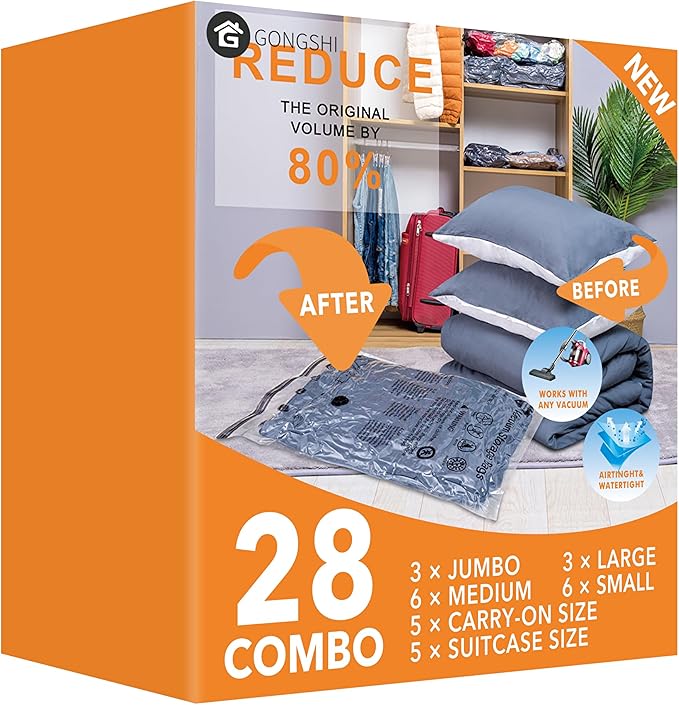 28 Pack Vacuum Seal Bags For Clothing,(3 Jumbo, 3 Large, 6 Medium, 6 Small, 5 Travel roll up bags,5 small Travel roll up bags) Space Saver Bag for Clothes, Blanket, Duvets, Pillows, Comforters