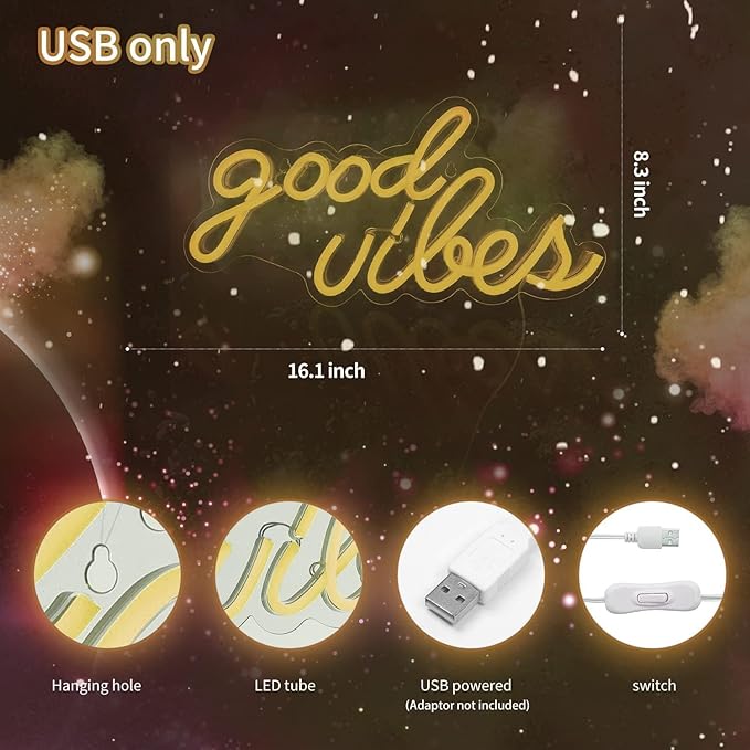 DECANIT Good Vibes Neon Sign for Wall Decor,Powered by USB Neon Light for Bedroom Decor, Warm White Color,16.1"x 8.3"x 0.6"