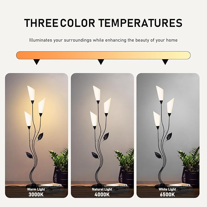 JBZ Flower Floor Lamp for Living Room, 62" Tall Pole Lamp with Foot Switch, with 3 Heads Dimmable LED Lamps for Farmhouse Rustic Bedroom Office, with Plug and 1200LM, 3 Color Temperatures E27