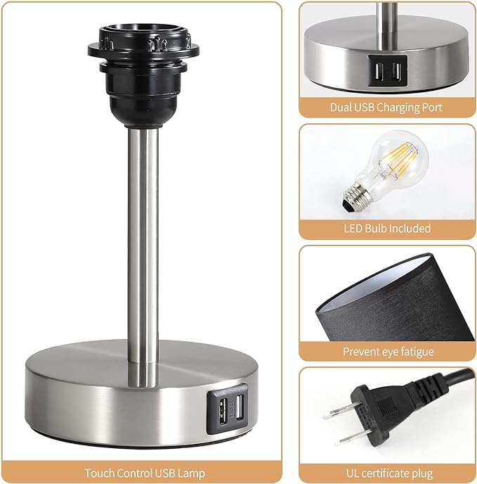 Bedside Lamp with USB Port - Touch Control Table Lamp for Bedroom Wood 3 Way Dimmable Nightstand Lamp with Round Black Shade for Living Room, Dorm, Home Office (LED Bulb Included) (Blacl2)