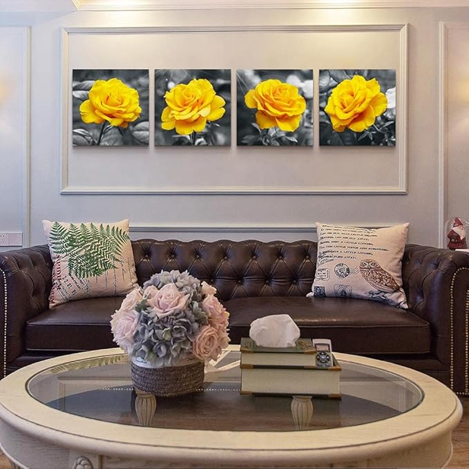 Canvas Wall Art For Living Room Family Wall Decor For Bedroom Modern Kitchen Wall Decorations Black And White Wall Pictures Artwork Yellow Rose Flowers Canvas Art Prints Bathroom Home Decor 4 Piece
