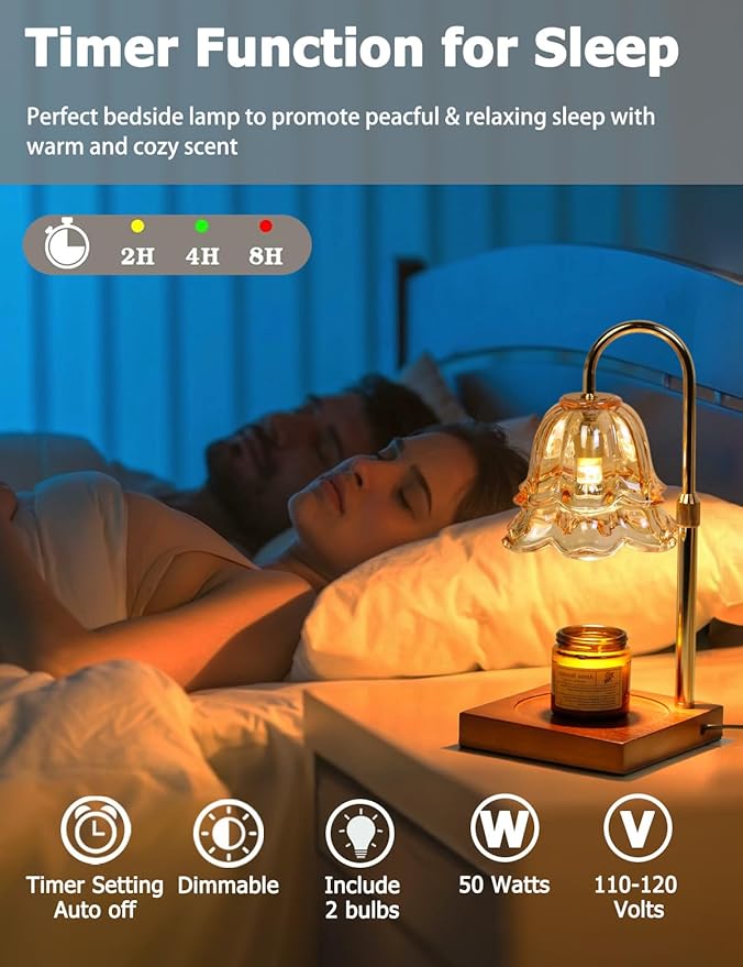 Candle Warmer Lamp with Timer Dimmer Height Adjustable Electric Candle Wax Melt Warmer, Large Flower Candle Lamp Warmer for Jar Candles with 2 Bulbs, Home Decor Birthday Gifts for Men Women