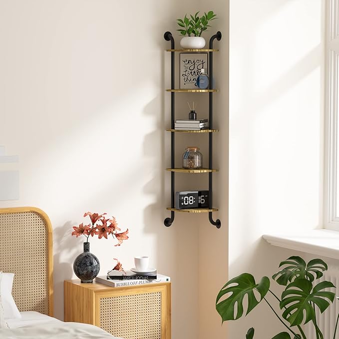 Corner Shelf Wall Mount 5-Tier, Wall Decor for Home Living Room Bedroom, Wall Corner Shelves Bookshelf, Rustic Industrial Pipe Shelves, Brown