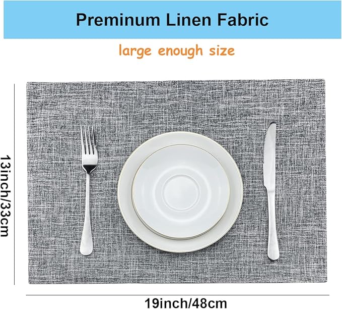 Weabetfu Cloth Placemats Set of 6 Heat Resistant Dining Table Placemmats Cotton Linen Machine Washable Kitchen Table Mats Wrinkle Free Thick Fabric Place Mat,Easy to Clean,13"x19",Mottled Grey w/Brown