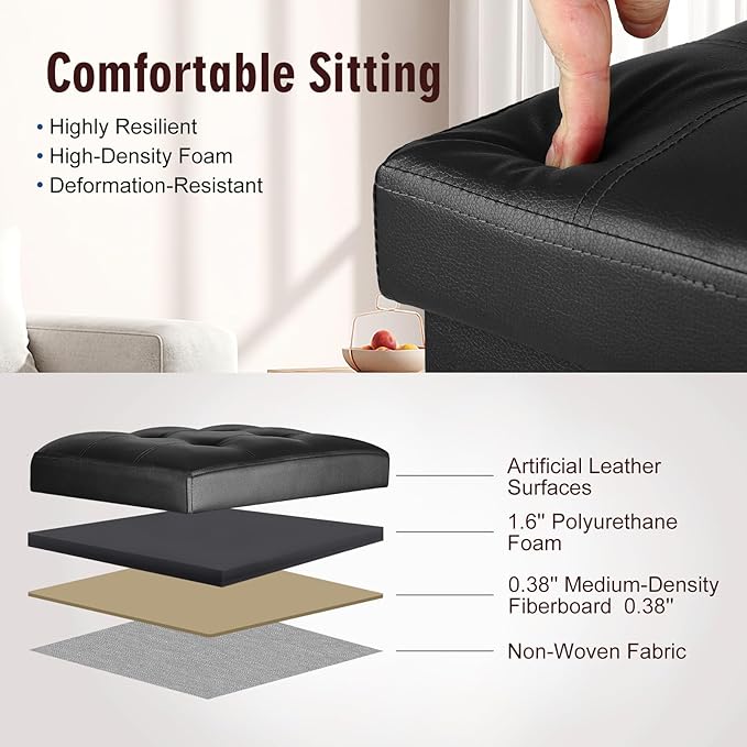 Storage Ottoman Foot Rest Stool with Thicker Foam Padded Seat. Slim Tall Folding Leather Small Ottoman with Storage Furniture for Dorm Living Room Bedroom Coffee Table 350 lbs, 17x13x17in, Black