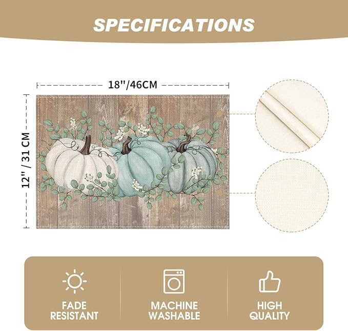 Artoid Mode Wood Pumpkins Eucalyptus Leaves Fall Placemats Set of 4, 12x18 Inch Autumn Thanksgiving Harvest Vintage Table Mat for Party Dining Decoration