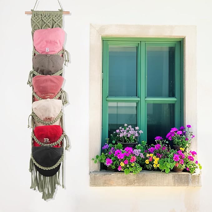 Macrame Cap Holder Boho Hat Hangers Over Door Ball Cap Rack Organizer Decorative Bohemian Handmade Woven Wall Hanging for Baseball Cap Display Decoration (Green, Up to 12 Caps)