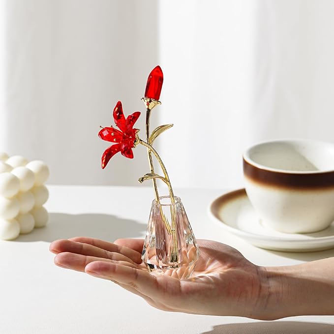 Crystal Lily Figurine, Glass Flowers with Stem,Flower Collectible Gifts for Woman, Wedding Party Decor(Red)
