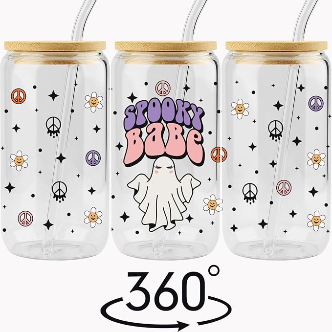 Gift for Her, Halloween Sister Friend Gifts, Spooky Season Gift, Hallowmas Glass Can Cups, Stay Spooky GIced Coffee Mug, Fall Glass Cups, Halloween Gifts, Hallowmas Lover 16 OZ Cup with Lid and Straw
