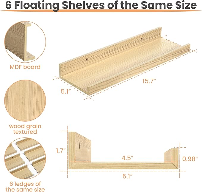 upsimples Floating Shelves for Wall, Wall Shelves for Decor Storage Set of 6, Wall Mounted Wood Shelves for Bedroom, Living Room, Bathroom, Kitchen, Picture Ledge Shelves, Natural