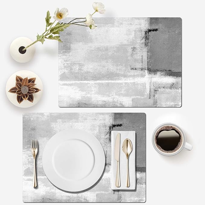 Mcalk Dark Grey Table Runner and Placemats Set of 6 Pieces, Grey Placemat, Cloth Place Mats Indoor for Kitchen, Washable Abstract Placemats Linen Material for Dining Table