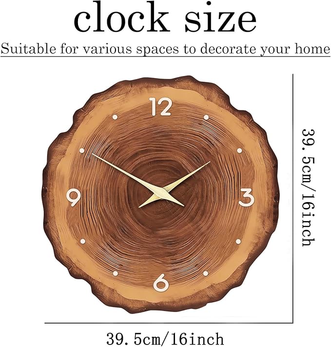 XNM Rustic Large Clock for Kitchen Brown Wood Wall Clocks Battery Operated 16 Inch Analog Annual Ring Wall Clock Non Ticking (MDF No Solid Wood)
