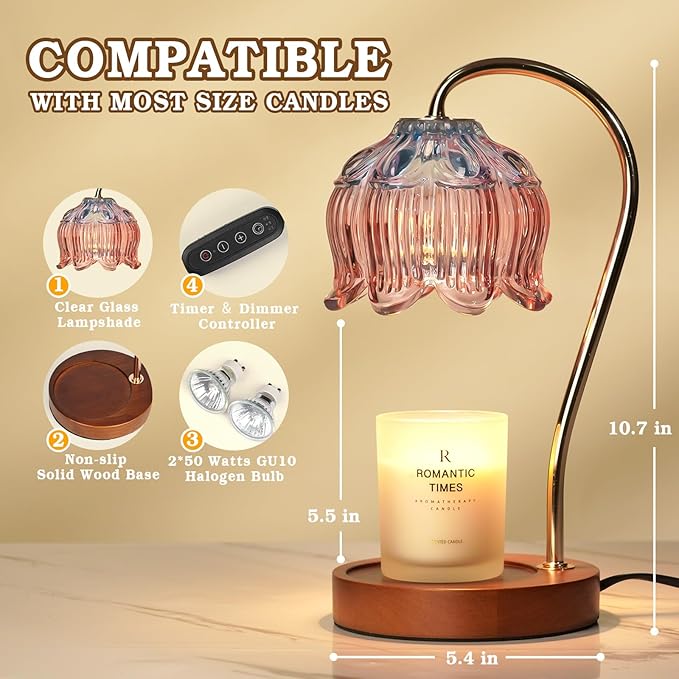 Dimmable Candle Warmer Lamp with Timer, Electric Candle Warmer Lamp, Birthday Gifts for Women, Mom, Female Friend, Flower Candle Lamp Warmer Gifts, Pink Aromatic Candle Lamp for Vintage Home Decor