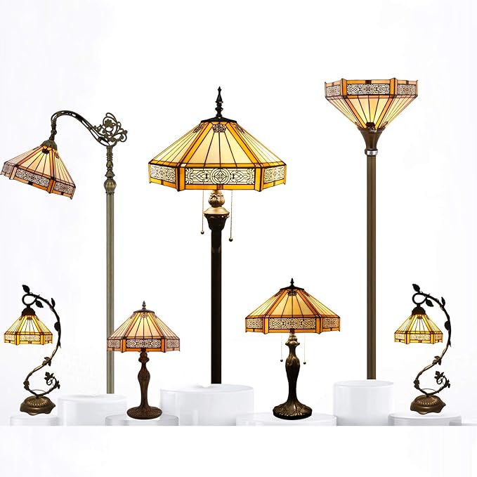 WERFACTORY Tiffany Lamp Yellow Hexagon Stained Glass Mission Style Table Lamp Desk Bedside Reading Light 12X10X18 Inches Decor Bedroom Living Room Home Office S011 Series