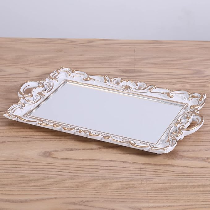Sooyee Decorative Tray,Bathroom Tray Decor, 15.5x9.6 Mirror Serving Tray with Handle for Dessert Table,Coffee Table,Vanity,Home Decor,White and Gold