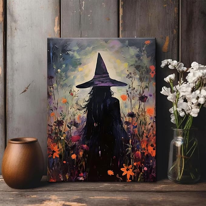 ILLBDR Halloween Vintage Witchy Wall Art Prints Creepy Gothic Dark Moody Pictures Decor Dark Academia Witches Victorian Painting Canvas Posters Bedroom Bathroom 12x16 inch Framed