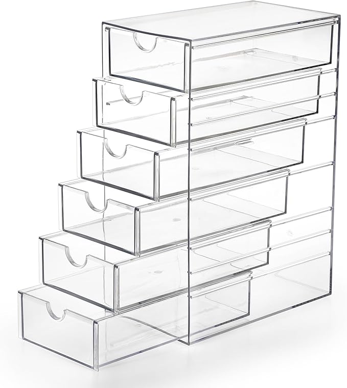 Hipiwe Plastic Drawer Organizer Clear Desktop Drawers Box with 6 Pull Out Drawer Compact Storage Box for Cabinet Vanity Bathroom Bedroom Pantry Shelf Office or Closet Organization