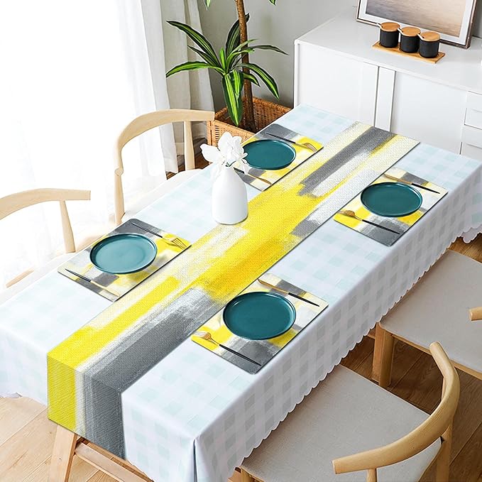 Mcalk Yellow Table Runner and Placemats Set of 6 Pieces, Grey Placemats Modern Art,Abstract Art Cloth Place Mats Indoor for Kitchen,Washable Placemats Linen Material for Dining Table