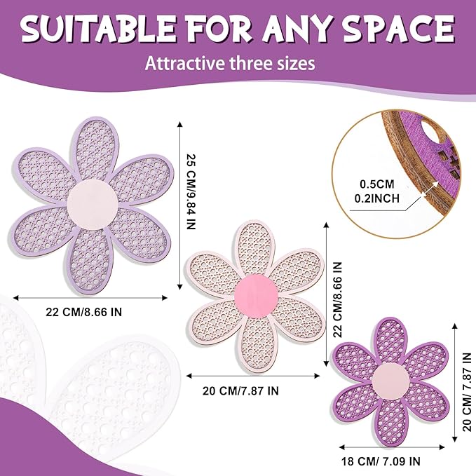 Maitys 3 Pieces Boho Daisy Wall Decor Natural Rattan Flower Wall Hanging Art Wooden Boho Art Nursery Flowers Farmhouse Hanging Decor for Home Office Nursery(Pink, Purple)