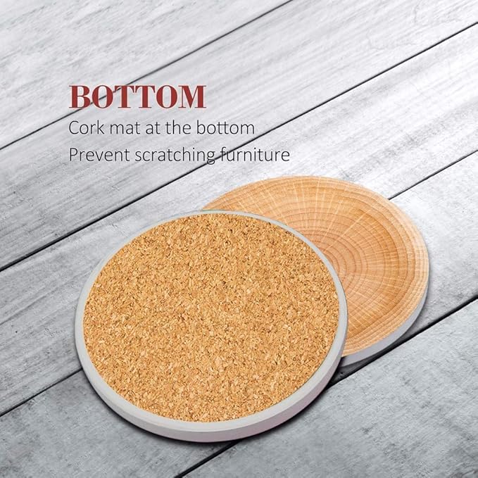 Britimes Coaster for Drinks Set of 6, Wood Grain Absorbent Round Ceramic Stone Mat, with Cork Base and Metal Holder, Gift for Housewarming Room Bar Decor