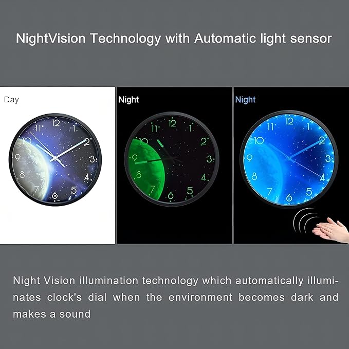 OCEST 12 Inch Night Light Wall Clock for Bedroom, Silent Lighted up Wall Clock Glow in The Dark, Easy to Read, Large Digital Display, Battery Operated for Living Room Kitchen-Blue Earth